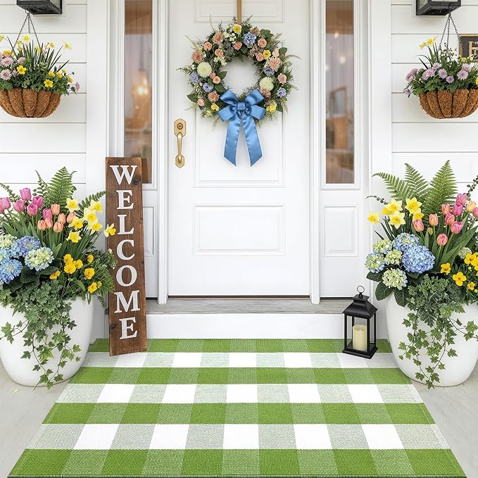 OLANLY Buffalo Plaid Rug 2' x 3' – Green and White Cotton Checkered Doormat - Image 8