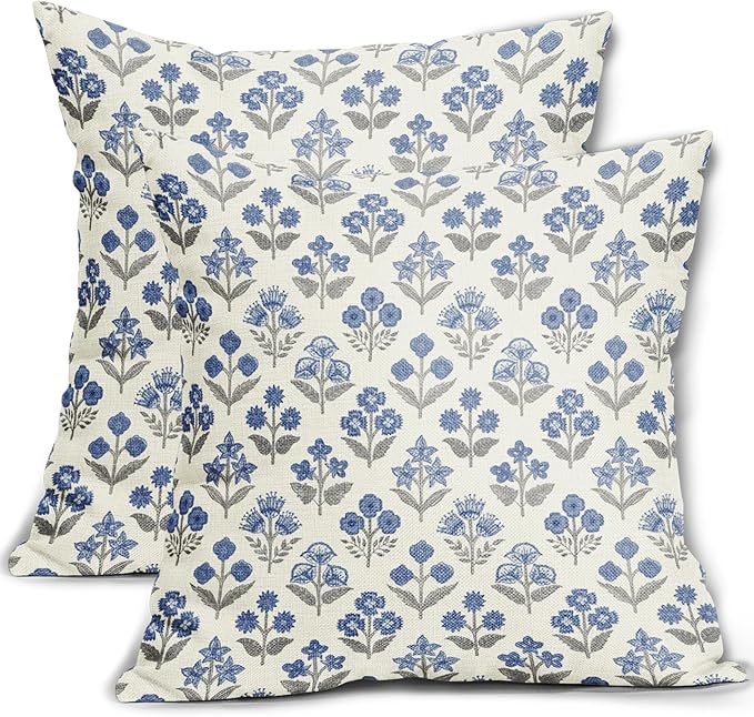 Blue Grey Gray Floral Pillow Covers 22x22 Inch Set of 2, Vintage Flower Block by Sivirary