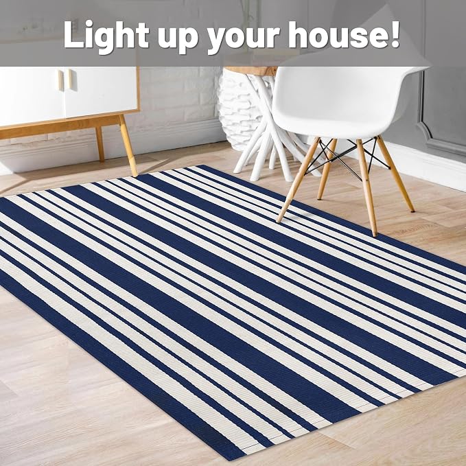 IOHOUZE Navy and White Striped Rug 3'x5' Front Door Rugs Outdoor, Washable Area - Image 9