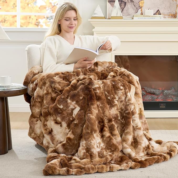 Cozy Bliss Deluxe Striped Rabbit Faux Fur Throw Blanket, Soft Fluffy Warm Plush - Image 2