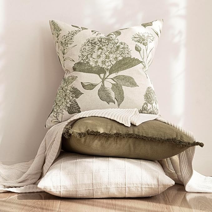 Foindtower Set of 2 Linen Floral Throw Pillow Covers Neutral Vintage Print - Image 5