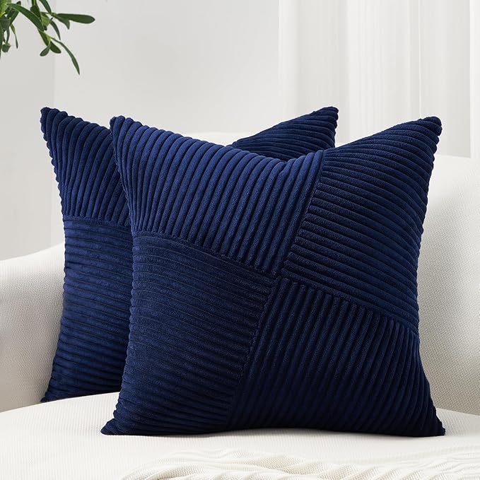 Topfinel Fall Pillow Covers Set of 2 Soft Corduroy Boho Strip Textured Blue by Topfinel