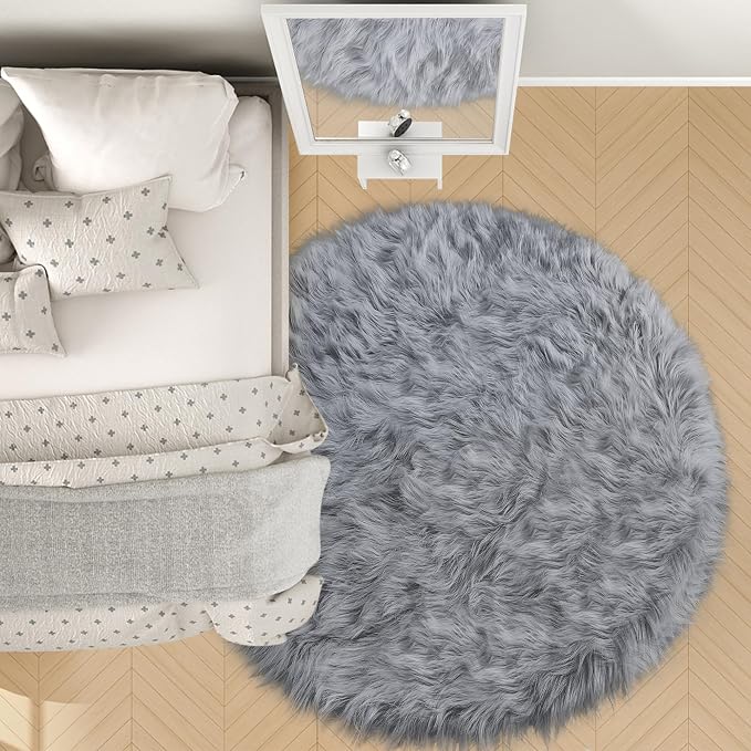 Grey Faux Fur Round Rugs for bedroom Living Room, Furry Carpet for Teen - Image 4