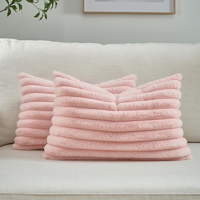 FUTEI Pink Decorative Throw Pillow Covers Set of 2, 12x20 Inch Soft Fluffy Faux by FUTEI