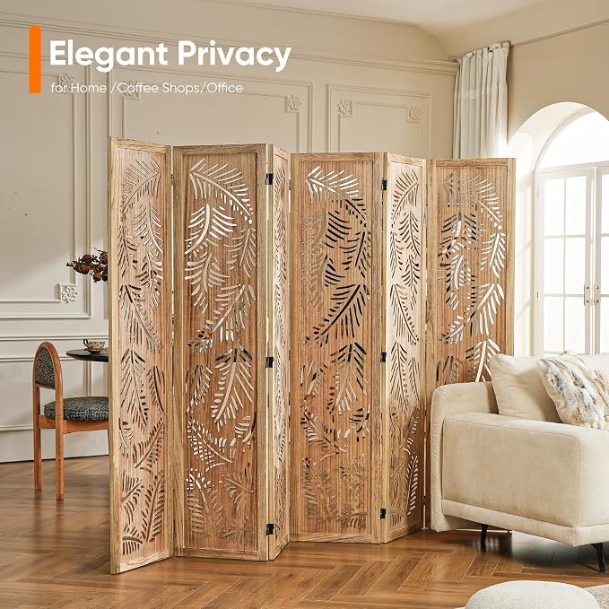 Boho Room Divider with Feather Carving, 6-Panel Openwork Wood Screen, - Image 5