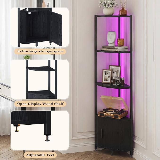 Corner Shelf with Storage, LED Lights 6-Tier Corner Bookshelf - Image 8