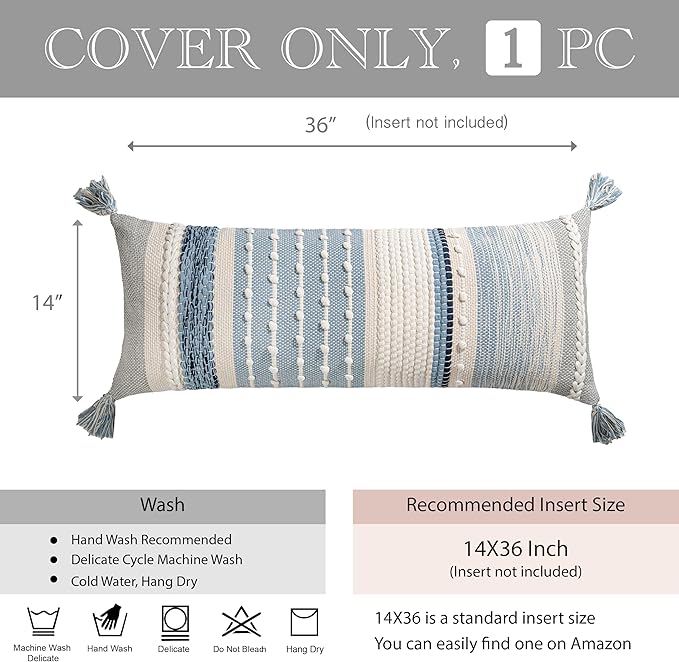 BlissBlush Coastal Blue Decorative Lumbar Pillow Cover 14x36 Boho Long Body - Image 5