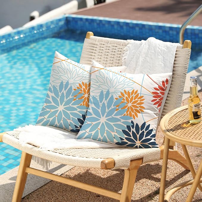 Light blue and Orange Floral Pillow Covers 18x18 Set of 2 Outdoor Waterproof - Image 2