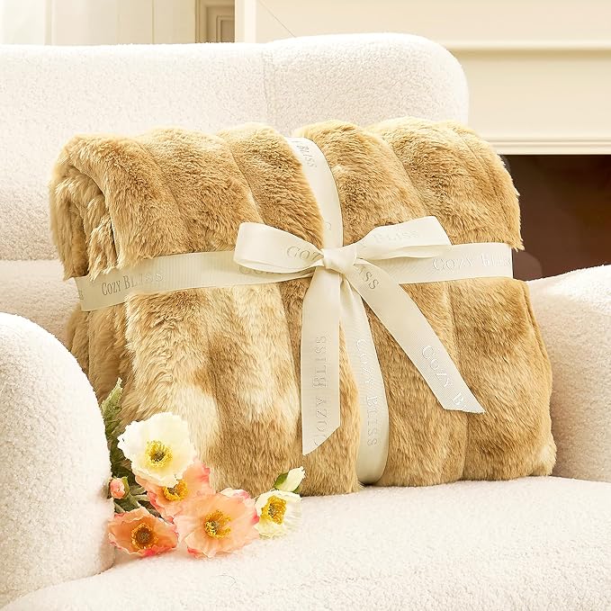 Cozy Bliss Deluxe Striped Rabbit Faux Fur Throw Blanket, Soft Fluffy Warm Plush - Image 4