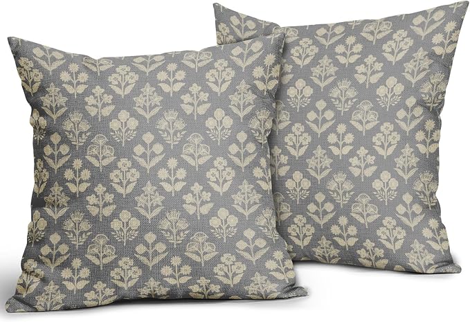 Grey Gray Floral Block Print Pillow Covers 16x16 Inch Set of 2, Vintage Flower - Image 2
