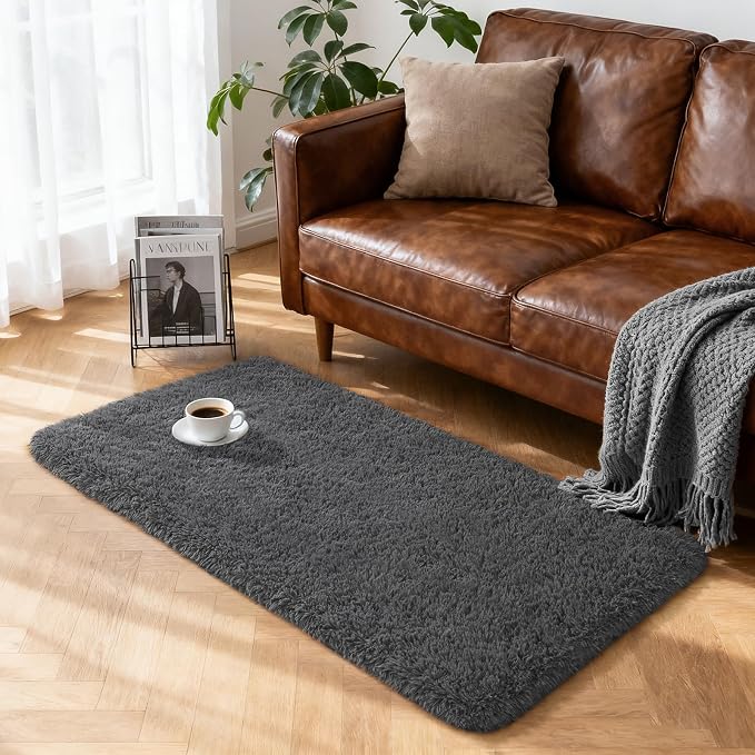 Merelax Fluffy Shaggy Small Area Rug, Dark Grey 2x4 Runner Rugs - Image 9