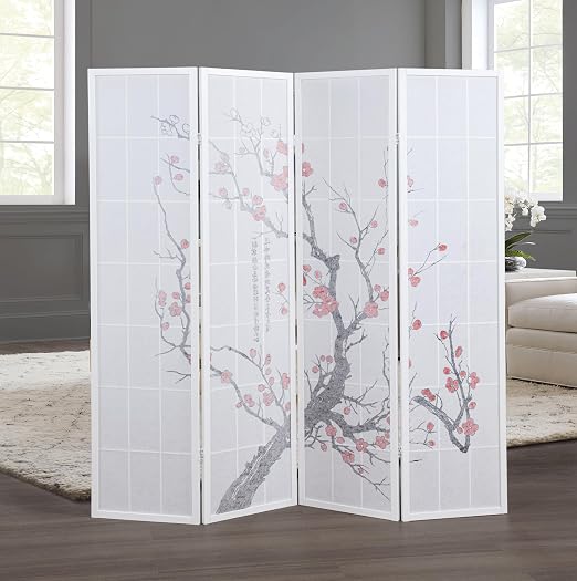 Roundhill Furniture White Japanese 4-Panel Screen Room Divider, Plum Blossom - Image 2