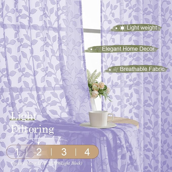 Chyhomenyc Light Purple Sheer Curtains 63 Inch Length 2 Panels Set, Light - Image 2