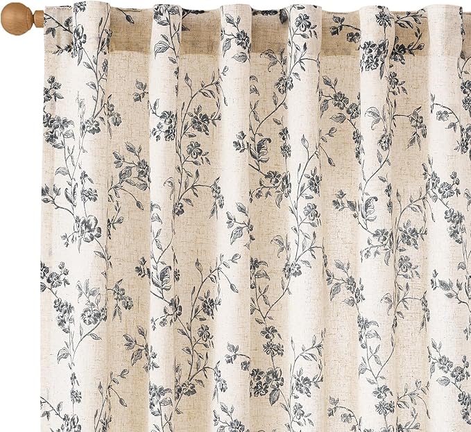 Lazzzy Farmhouse Linen Curtains Black Floral Curtains 63 Inch Length Back Tab by Lazzzy