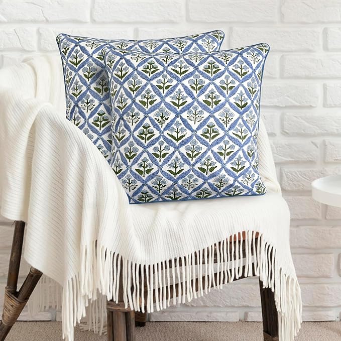 Ridhi Block Print Light Steel Blue Pillow Cover 24" x 24" Decorative Couch - Image 2