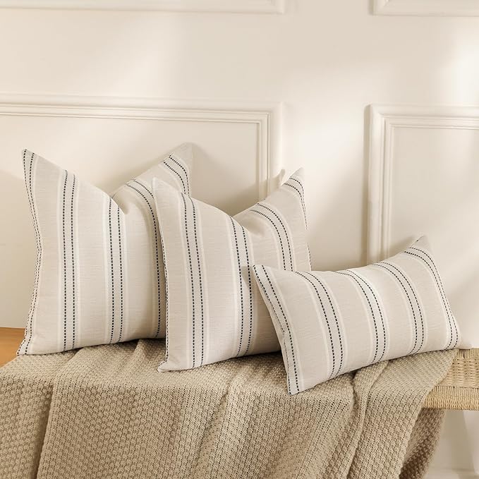 Hckot Throw Pillow Covers 22x22 Set of 2 Striped Pillow Covers Textured Linen - Image 4