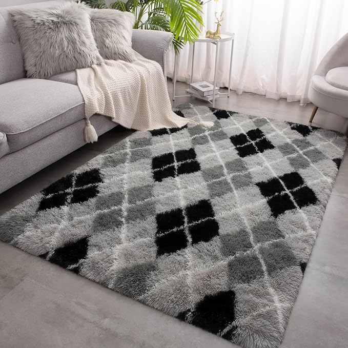 Meralax Black and Grey Checkered Area Rug, Geometric 4x6 Soft Fluffy Rugs - Image 2