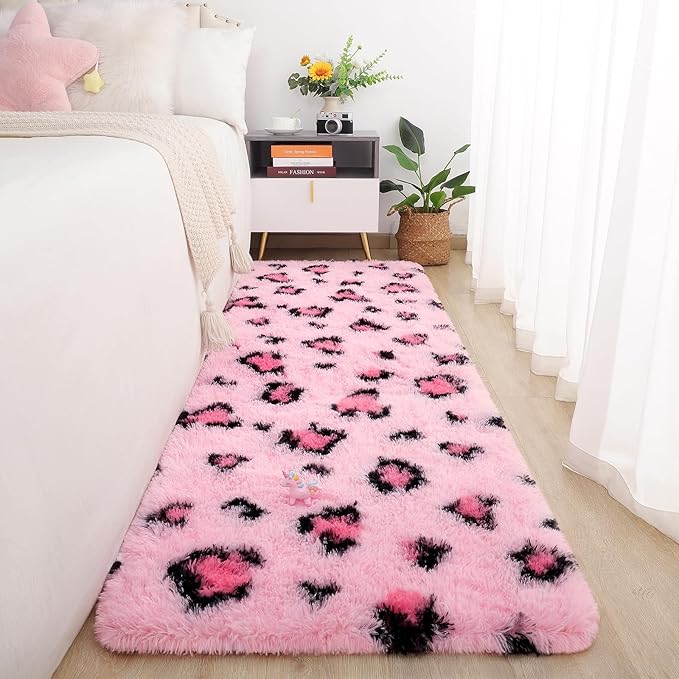 Amearea Pink Runner Rug for Bedroom Girls, 2x6 Feet Fluffy Leopard Runner Rug by AmeareaDirect