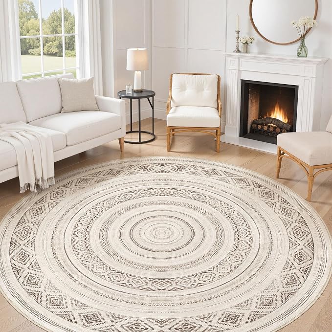 cotiled 8x8 Round Area Rug Living Room: Washable Boho Rugs by COTILED