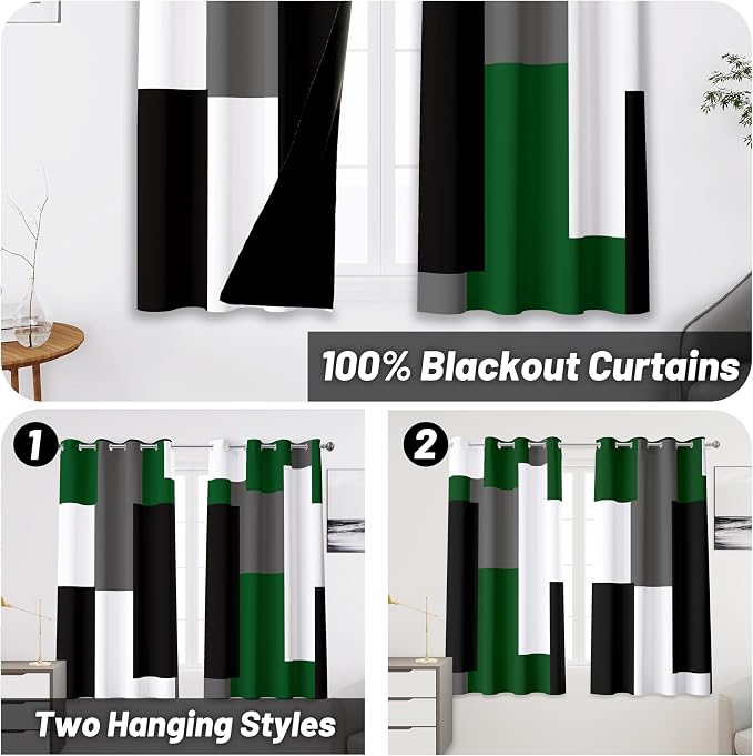 Tyrot Green 100% Blackout Curtains 45 inch Length 2 Panels Set White Grey - Image 2