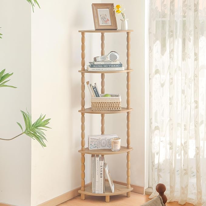MaxSmeo Corner Bookshelf, 5-Tier Corner Shelf Stand, Modern Corner Plant Shelves - Image 5