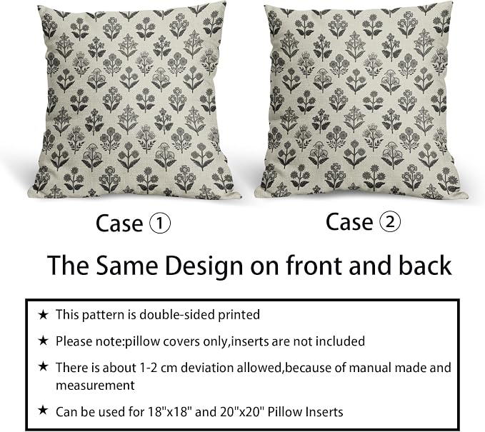 Black Grey Gray Block Print Pillow Covers 18x18 Inch Set of 2, Vintage Floral - Image 6