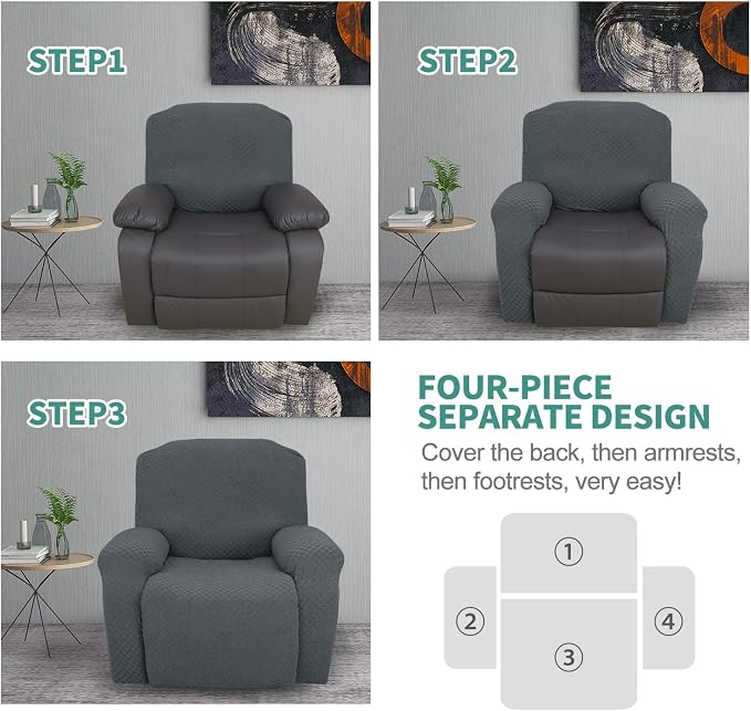 YEMYHOM 4 Pieces Stretch Recliner Slipcover Latest Jacquard Recliner Chair Cover - Image 7