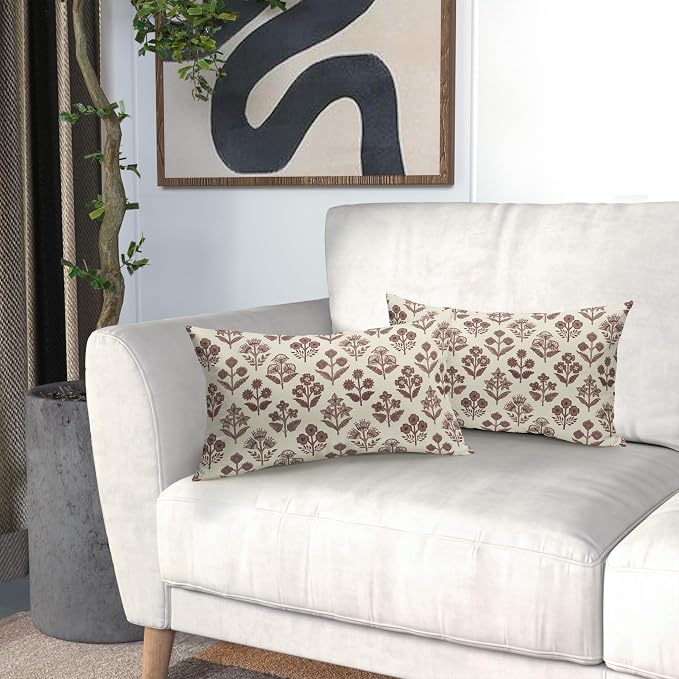 Burgundy Floral Pillow Covers 12x20 Inch Set of 2, Block Print Lumbar Flower - Image 6