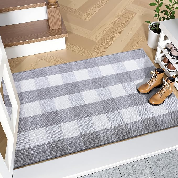 OLANLY Buffalo Plaid Rug 2'4" x 3'7" – Grey and White Cotton Checkered Doormat - Image 7