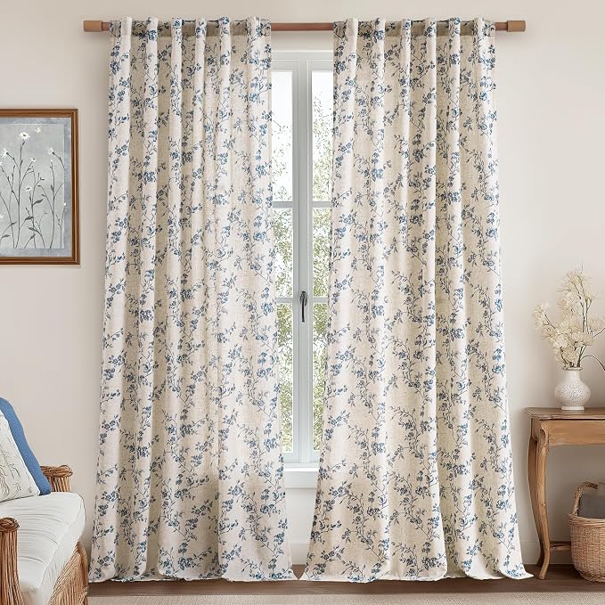 jinchan Linen Floral Curtains for Living Room 96 Inch Length Blue Printed by JINCHAN
