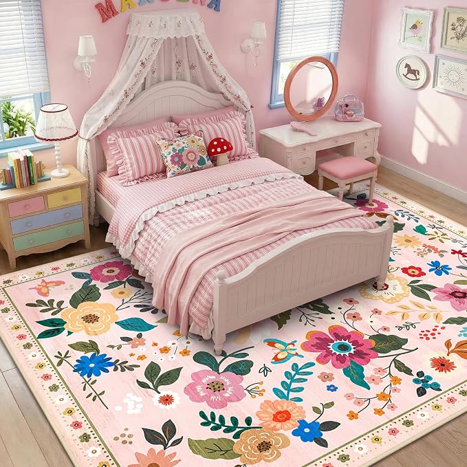 RELEANY Floral Nursery 7x9 Area Rugs Washable Print Boho Cute Carpet Non Slip by RELEANY