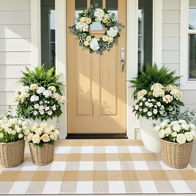 OLANLY Buffalo Plaid Rug 2' x 3' – Beige and White Cotton Checkered Doormat - Image 7