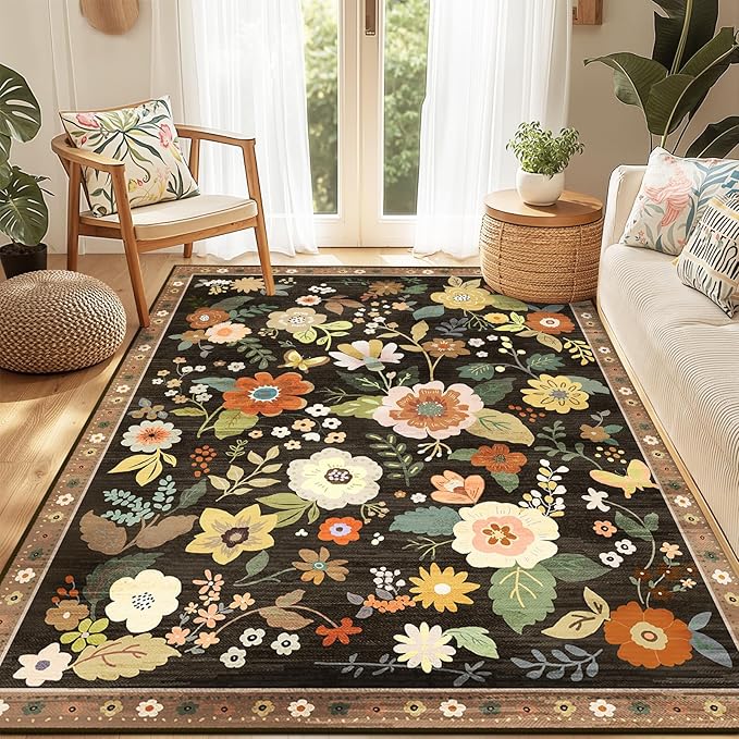RELEANY Floral Nursery 5x7 Area Rugs Washable Print Boho Cute Carpet Non Slip by RELEANY