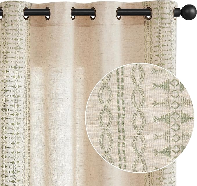 jinchan Boho Curtains for Bedroom Linen Blend Sage Green Embroidered Bordered - Image 9