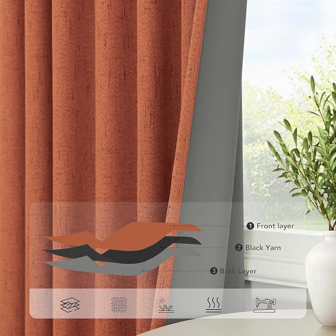 Rust Colored Curtains for Bedroom 96 Inches Long 2 Panel Set Faux Linen Cute - Image 5