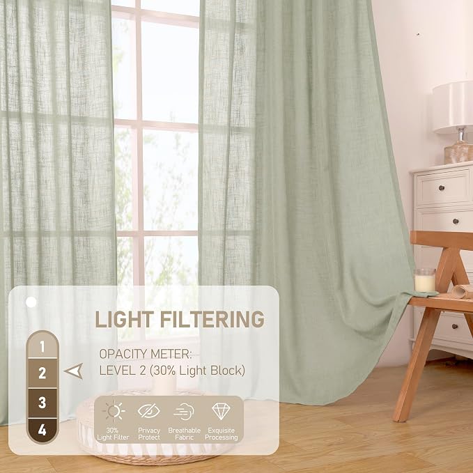 LAMIT Sage Grey Linen Boho Curtains 80 inch Length 2 Panels, Light Filtering - Image 4