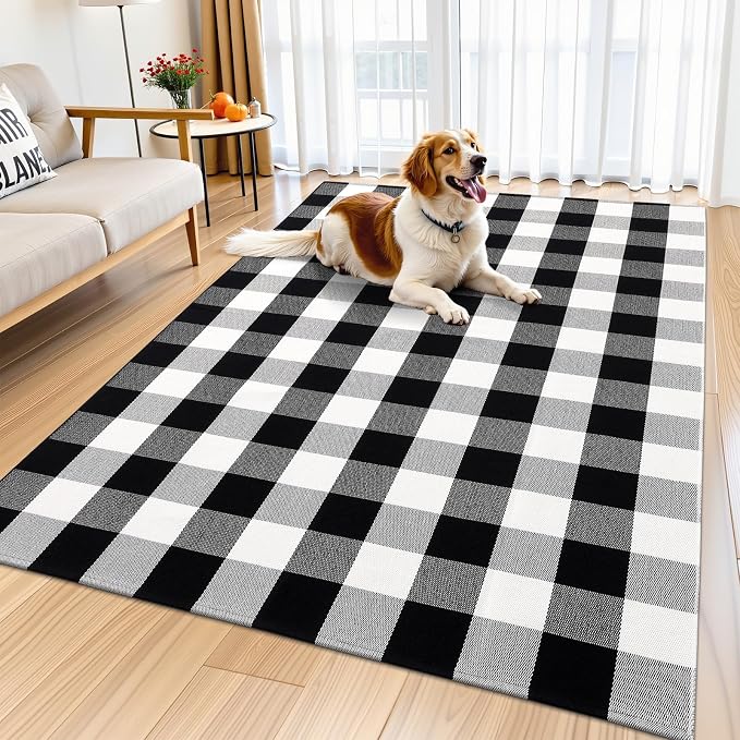 OLANLY Buffalo Plaid Rug 3' x 5' – Black and White Cotton Checkered Doormat - Image 9