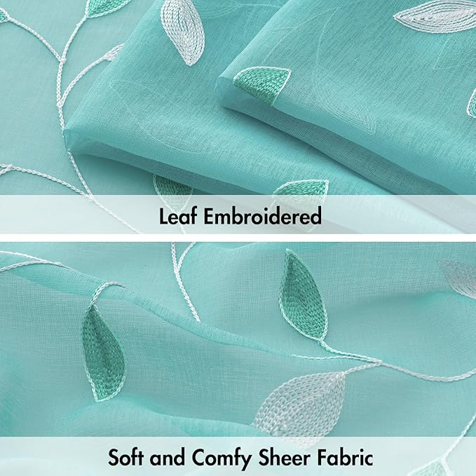 MIULEE Turquoise Sheer Curtains 2 Panels Embroidered Leaf Patterned Rod Pocket - Image 4