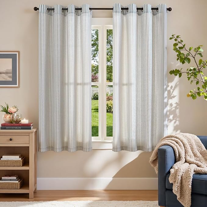jinchan Linen Curtains for Living Room Blue on Beige Striped Curtains for - Image 2
