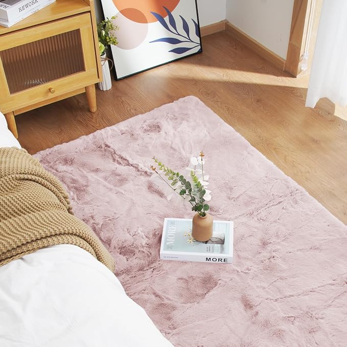 Latepis Light Pink Furry Rug 8x10 Soft Faux Rabbit Fur Rugs - Image 6
