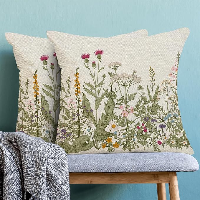 AEIOAE Sage Green Pillow Covers 22x22 Inch Set of 2, Spring Wildflower Plant - Image 2