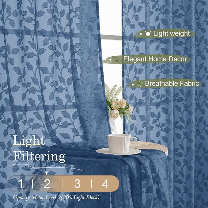 Chyhomenyc Dusty Blue Sheer Curtains 63 Inch Length 2 Panels Set, Light - Image 2