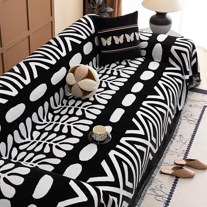 VClife Minimalism Tribal Couch Cover Non Slip White Black Geometric Jacquard - Image 7