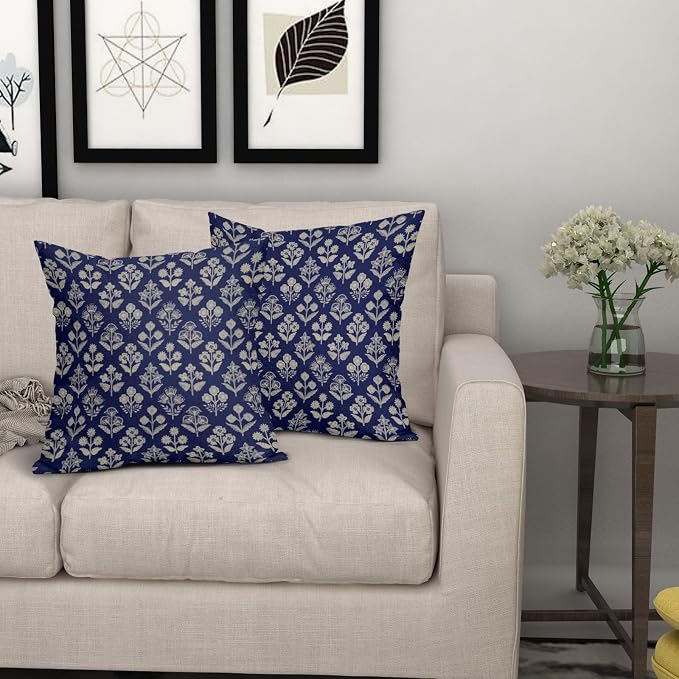 Navy Blue Floral Pillow Covers 24x24 Inch Set of 2, Vintage Flower Block Print - Image 7