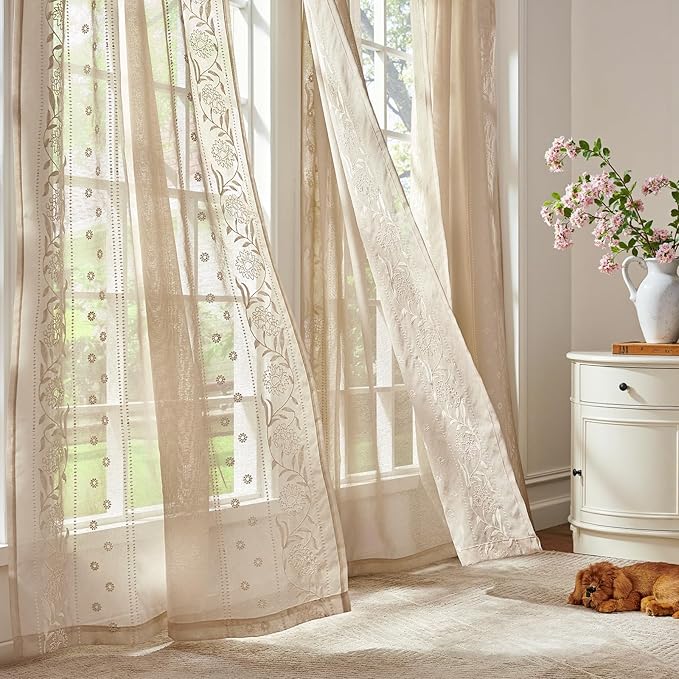 jinchan Winslow Beige Sheer Curtains 84 Inch - Image 4
