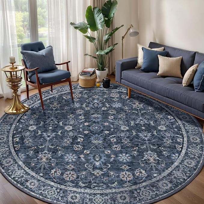 Tangsoo Vintage Round Rug 8ft Washable Circle Rug, Non Slip Boho Navy Blue - Image 2