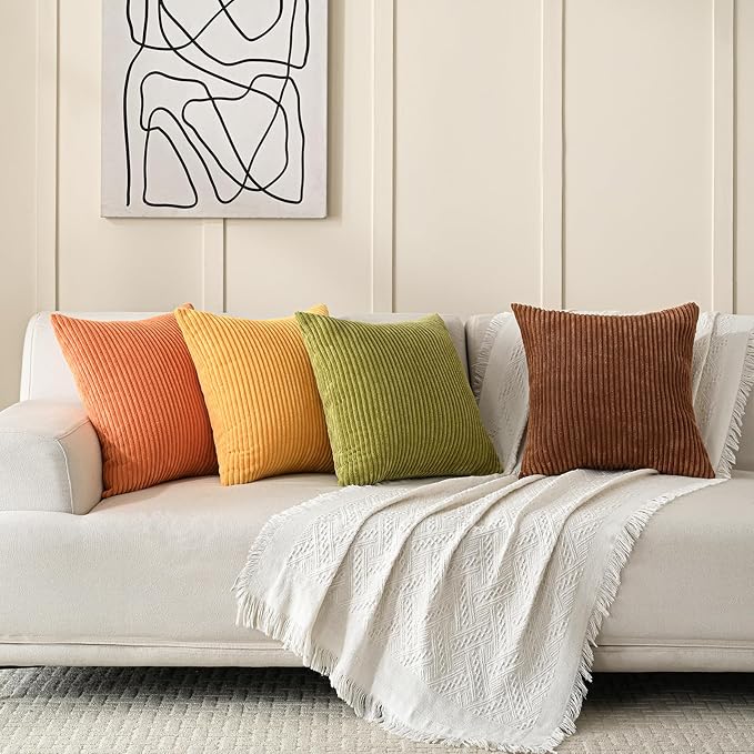 Volcanics Set of 4 Fall Orange Corduroy Decorative Throw Pillow Covers 18x18 - Image 6