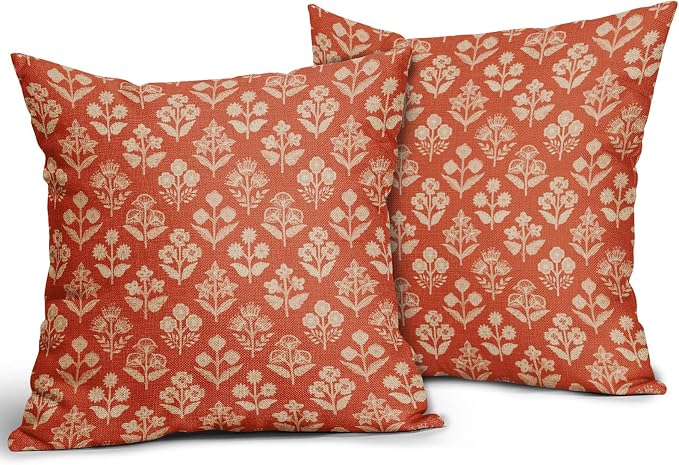 Dark Orange Floral Block Print Pillow Covers 18x18 Inch Set of 2, Vintage - Image 2
