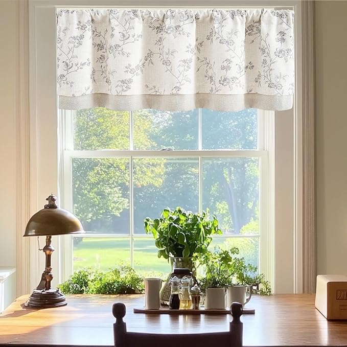 jinchan Linen Kitchen Valance for Windows 16 Inch Gray Floral Double Layer - Image 3