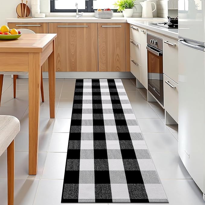 OLANLY Buffalo Plaid Rug 2' x 6' – Black and White Cotton Checkered Doormat - Image 3